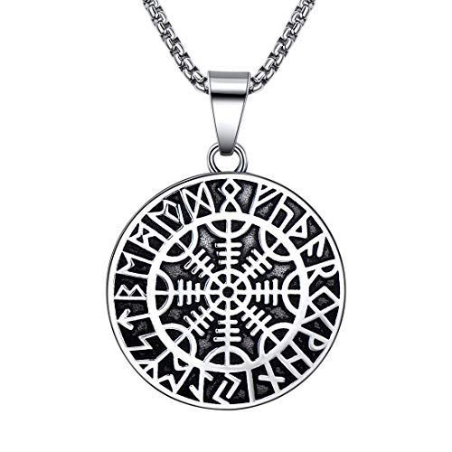 BBBGEM Viking Rune Necklace,Stainless Steel Viking Coin Norse Pagan Necklaces,Nordic Helm of Awe Pendant Guidepost Wayfinder Aegishjalmur Necklace Helm of Awe Necklace Scandinavian Jewelry