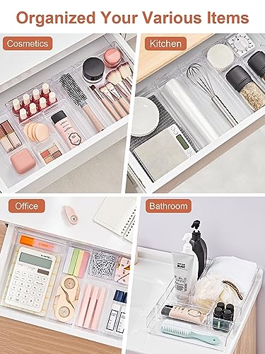 Image of SMARTAKE 37-Piece Drawer Organizer with Non-Slip Silicone Pads, 4-Size Desk Drawer Organizer Trays Storage Tray for Makeup, Jewelries, Utensils in Bedroom Dresser, Office and Kitchen (Clear)