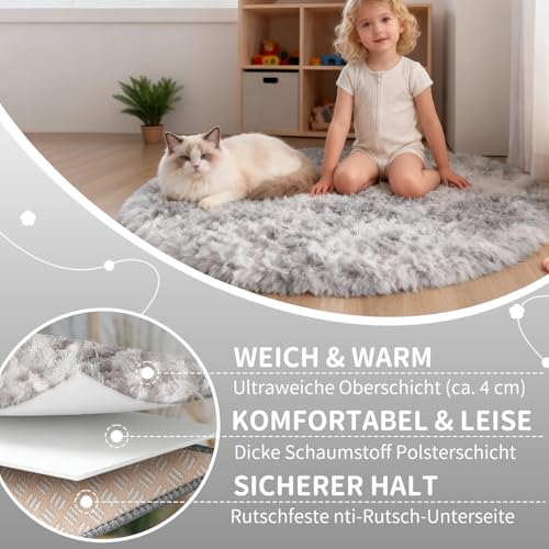 VOFUSHON Teppich Rund 100 cm Hellgrau Waschbar Rutschfester Hochflor Runder Teppich Kinderzimmer Weich Flauschig Rug