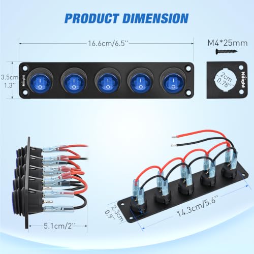 Image of Nilight 5 Gang Rocker Switch Panel IP67 Waterproof 12V /24V On /Off Blue