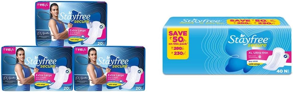 Stayfree Secure XL Cottony Sanitary Napkins with Wings, Extra Large (60 Count) & Stayfree Secure XL Ultra Thin Sanitary napkins (40 Count)
