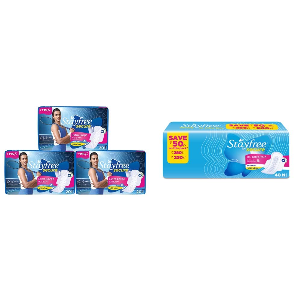 Stayfree Secure XL Cottony Sanitary Napkins with Wings, Extra Large (60 Count) & Stayfree Secure XL Ultra Thin Sanitary napkins (40 Count)