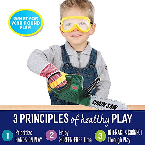 Liberty Imports Kids Electric Chainsaw Toy Tool Pretend Play Set with Safety Goggles, Work Gloves | Rotating Chain and Realistic Sound Effects