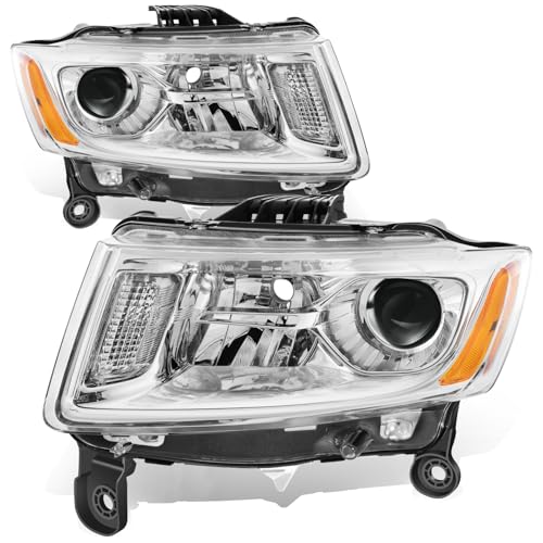 Auto Dynasty Headlights Assembly Compatible with 2014 2015 2016 Jeep Grand Cherokee Driver and Passenger Side Halogen Headlamps Replacement w/Projector Low Beam Chrome Housing Amber Corner