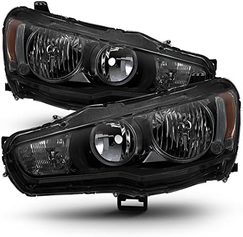 AKKON - For Black Smoke 08-17 Lancer 08-15 Evolution Headlights Front Lamps Direct Replacement Left + Right
