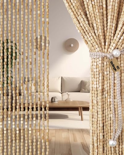FoundGo Rideau de perles en bois [90x200cm 90 brins] Rideau de porte en perles de bois fait main comme protection anti-insectes et anti-mouches, séparateur de...