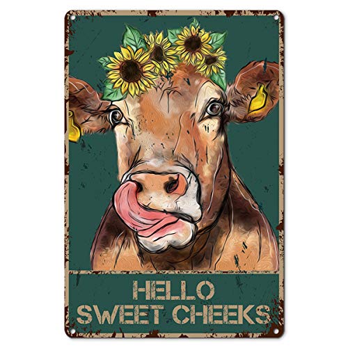 Funny Bathroom Quote Metal Tin Sign Wall Decor - Vintage Hello Sweet Cheeks Cow with Flowers Tin Sign for Toilet Bathroom WC Washroom Decor Gifts - Best Farmhouse Decor Gift 8x12 Inch (stone)