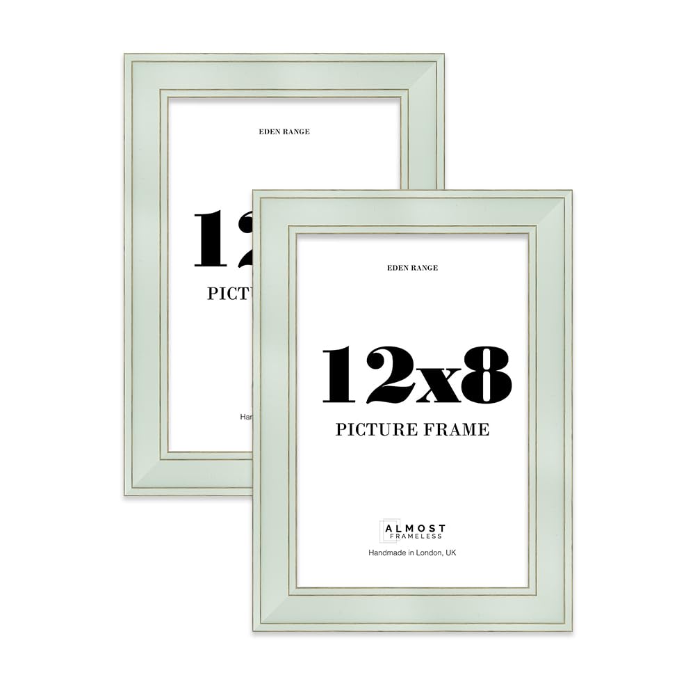 12x8 Sage Green Picture Frame - Shabby Chic Photo Frame with Distressed Finish, Gold Trim, Wall Hooks and Kickstand, 37mm Edge - 2 Pack