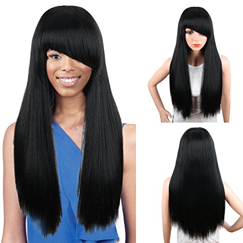 KRIS Black Long Yaki Straight Side Wigs with Side Bangs Hairstyle Synthetic Wig for Woman Curled Wigs Heat Resistant Wig