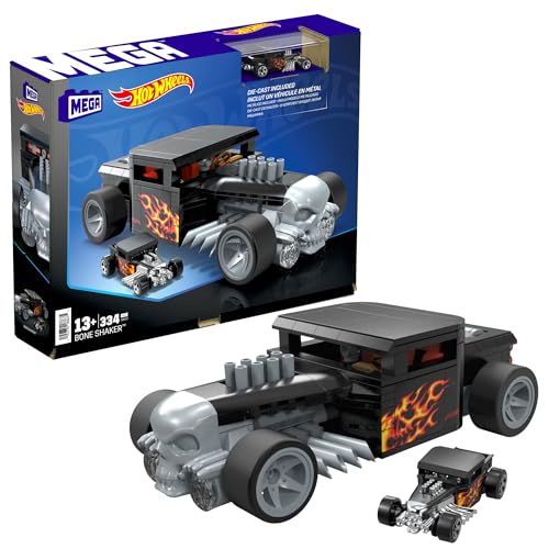 MEGA Hot Wheels Race Car Building Toys Set Bone Shaker with 334 Pieces and Metal Die-Cast Model Collector Replica Black and Chrome Kids & Adults HRY17
