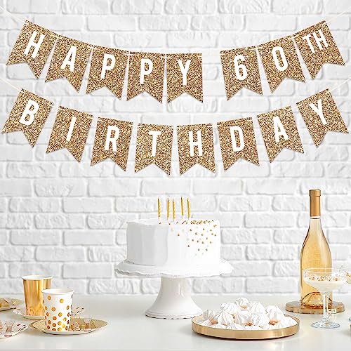 Image of Pre-Strung Happy 60th Birthday Banner - Gold Glitter Birthday Banner | No DIY - Gold Glitter 60th Party Decorations for Men & Women - Pre-Strung on 6 ft Strands - Bday Party Decorations & Decor