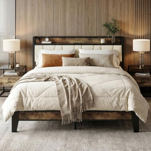 Image of LIKIMIO Queen Bed Frame, Storage Headboard with Charging Station, Solid and Stable, Noise Free, No Box Spring Needed, Easy Assembly (Walnut and Beige)