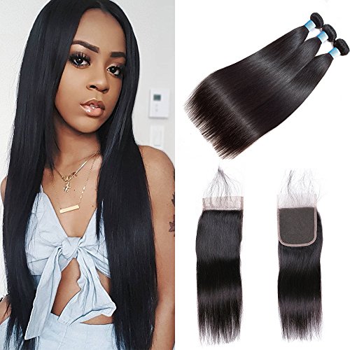 Brazilian Virgin Straight Human Hair 3 Bundles With Lace Closure BLY Unprocessed Hair Extensions Weave With 4x4 Lace Frontal Closure Silky Straight Natural Black Color(20
