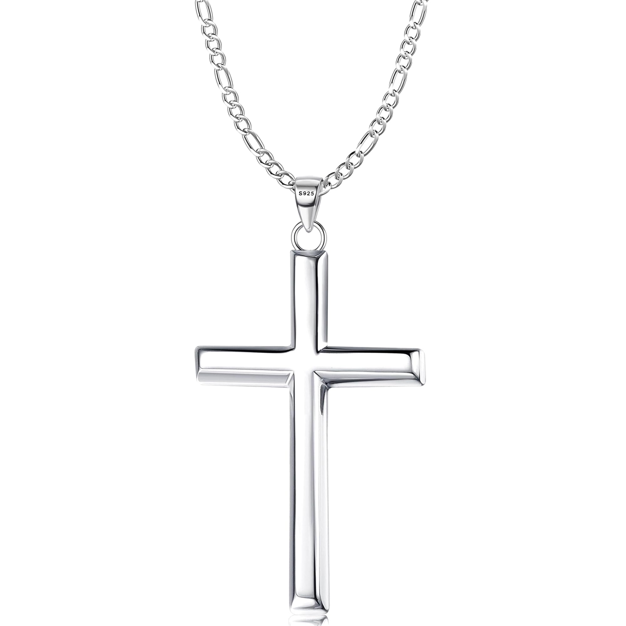 MILACOLATO Solid 925 Sterling Silver Cross Necklace for Men Women, 2mm Durable Diamond-Cut Sterling Silver Chain with Beveled Edge Cross Pendant, Mens