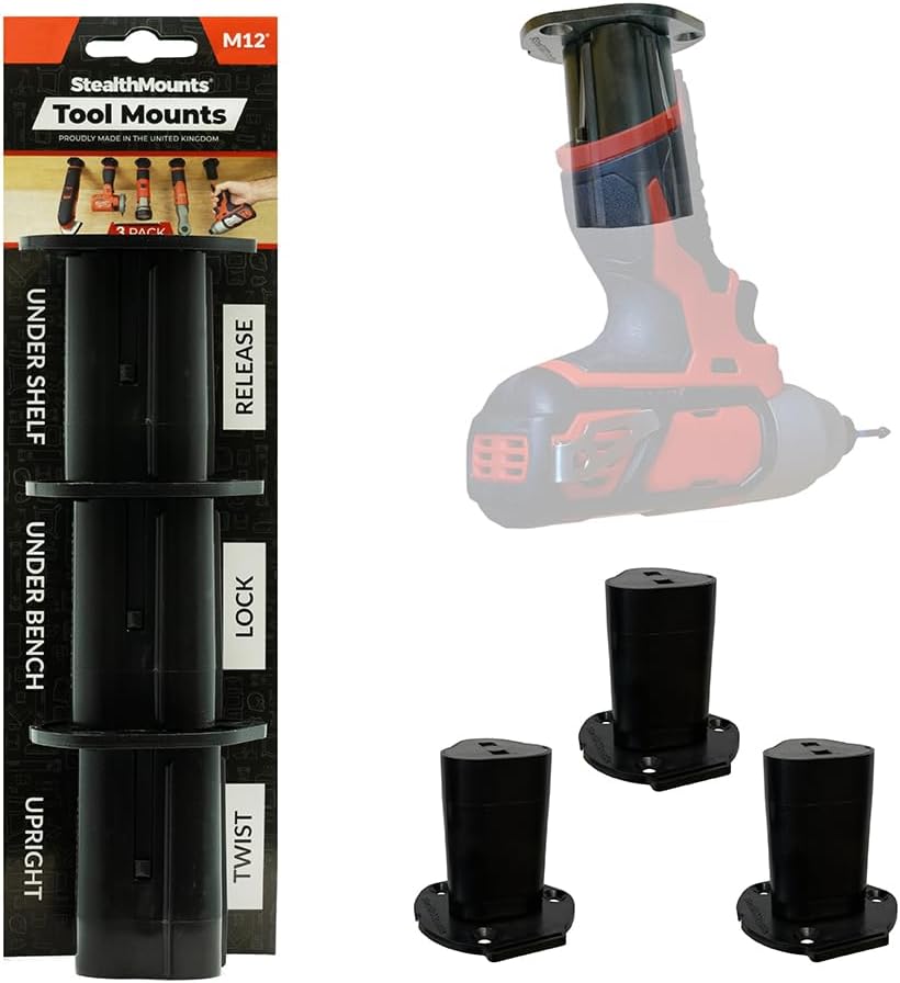 StealthMounts Tool Holder Compatible with Milwaukee M12 (3 Pack) - Black Locking Tool Mounts | Made in the UK