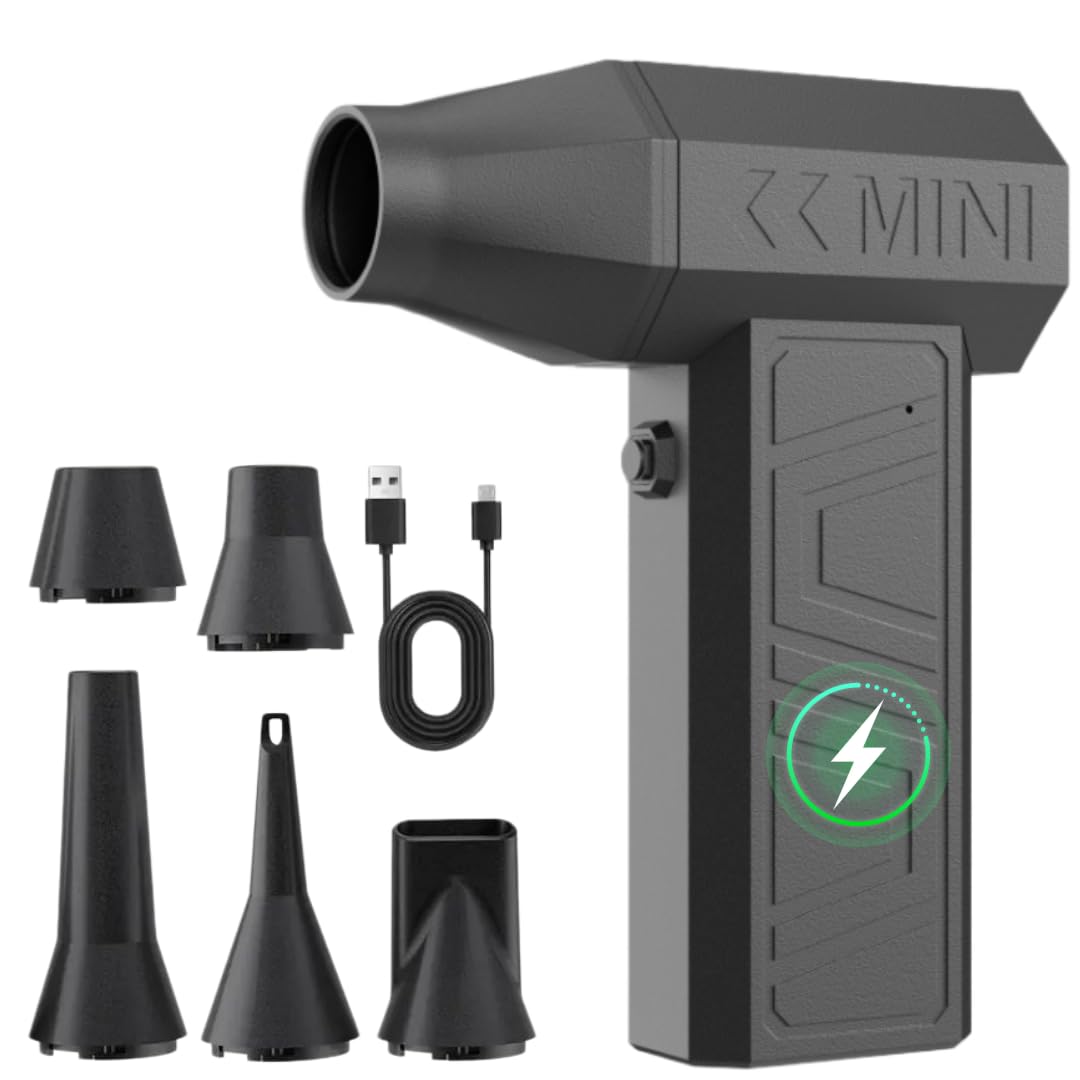 BOLYDOOM Portable Dust Blower Cordless - 105,000 RPM Handheld Blower Duster with 5 Nozzles & LED Light, Battery Powered Turbo Jet Blower for Yard Work, Patio Cleaning (Satin Black)