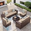 VONZOY Patio Furniture Set, 8 Pieces Outdoor Sectional Sofa Conversation Sets with Waterproof Cover Modern Wicker Seating Set, 4'' Thickened Cushions 1 Glass Coffee Table 2 Armless Sofas, Beige