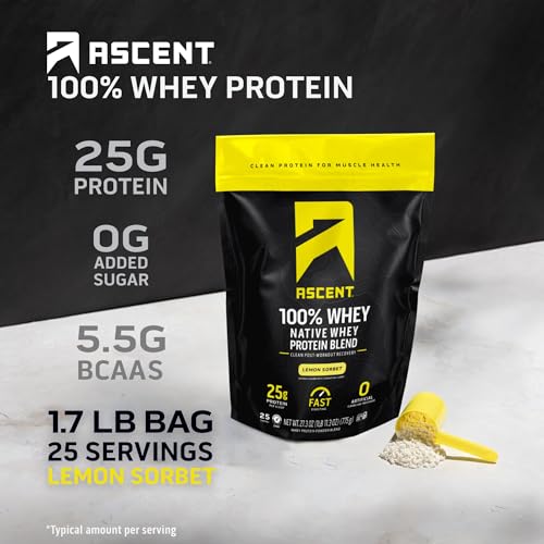Image of Ascent 100% Whey Protein Powder - Post Workout Whey Protein Isolate, Zero Artificial Flavors & Sweeteners, Gluten Free, 5.5g BCAA, 2.6g Leucine, Lemon Sorbet 1.7 lb