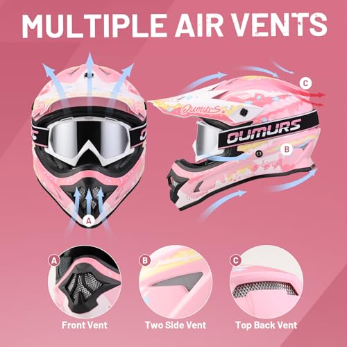 OUMURS DOT Adult ATV Dirt Bike Helmet with Goggles Gloves & Mask Adjustable Sun Visor Motorcycle Adults Helmet Off-Road Motocross Downhill Moped MX for Unisex-Adult-Pink Cake, L by Oumurs - Used condition - Image 3