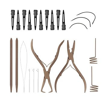 Hair Extension Tool Kit Tan Color Stainless Steel Pliers Micro Beads Remover Hook Looper Hair Sectioning Clips Wefting Extension Salon Barber Accessories
