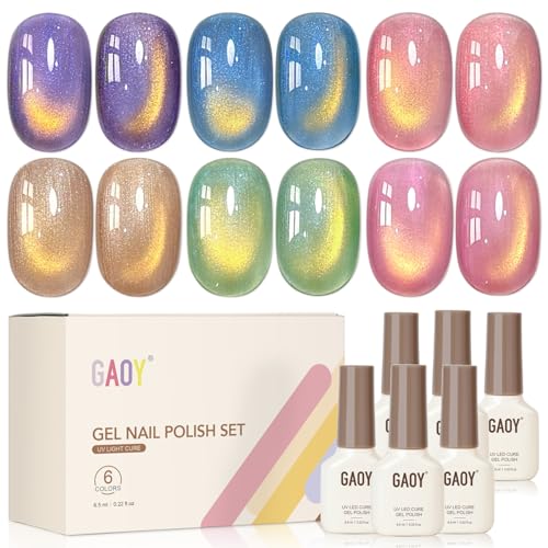 GAOY Glitter Cat Eye Gel Nail Polish Kit with Magnet, 6 Colors Colorful Holographic Nail Polish Set, UV Cure Gel for DIY Manicure at Home