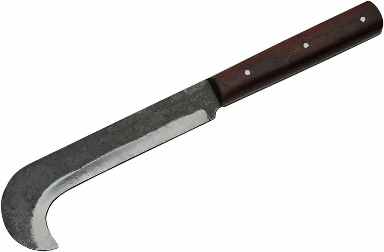 16" Billhook Machete EDC Hunting Camping Harvesting Machete Knife Full Tang Curved Carbon Steel Blade Wooden Handle with Steel Pins and a Black Leather Sheath