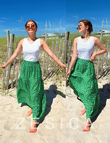 Zesica Women's 2023 Summer Solid Color Elastic High Waist Flowy A Line Maxi Skirt With Pocket,Grassgreen,Medium #TOP5