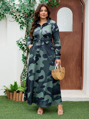 Plus Size Camo Maxi Dress for Women Stretchy V Neck Button Belt A-Line African Outfits with Pockets S-5XL3