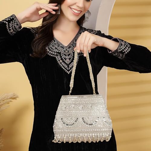 Image of Nevis Stylish Embroidery Unique Design Traditional Wedding Party Handheld Potli Bag For Women (GOLD)
