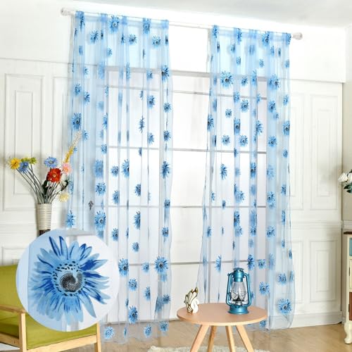 Ufurty 2pcs Sunflower Window Curtain Blue Floral Voile Sheer Curtains