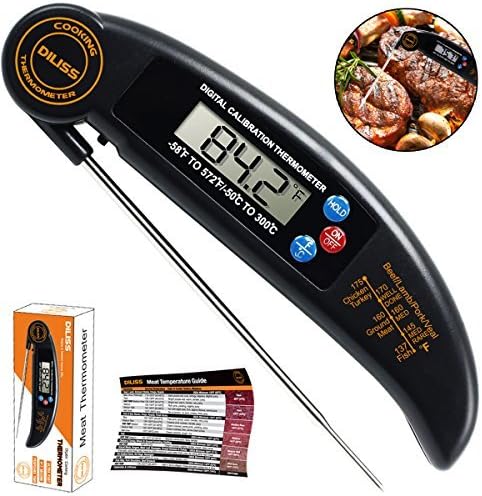 DILISS Instant Read Meat Thermometer, Super Fast Accurate Cooking Thermometer Electronic Kitchen Thermometer with Digital LCD, Collapsible Internal Probe for Food, Candy, Milk, Coffee, Tea, BBQ Grill