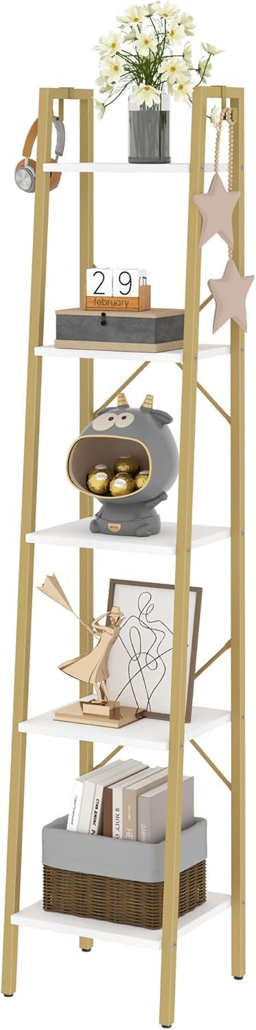 Ladder Shelf, Bookshelf Bookcase, Freestanding Corner Storage Shelve with 2 Hooks for Home Office, Living Room, Kitchen, Bedroom, Industrial, 11.8" D x 13.4" W x 63" H, White Gold BC03213G - Image 8