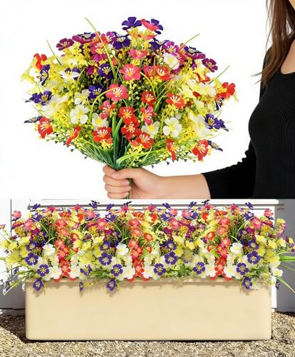 Evolpor 12 Bundles Outdoor Artificial Flowers, UV Resistant Faux Plastic Plants for Decoration, 6 Colors Fake Flowers Indoor Outside Hanging Plants Home Grave Garden Planter Decoration