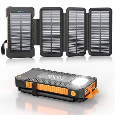 Cargador Solar 26800 mAh con 4 Paneles Solares, Power Bank Solar USB-C 18W de Carga Rápida, Baterías Externas al Aire Libre Impermeables IPX7 con luz de Linterna/SOS/Estroboscópica.