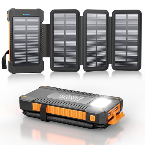 Power Bank Solare da 26800 mAh con 4 Pannelli Solari, Caricabatterie Solare a Ricarica Rapida USB-C da 18 W, Batteria Esterna Impermeabile IPX7 con funzione torcia/SOS/strobo(arancia)
