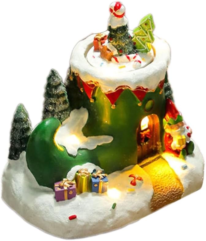 Holiday Seasonal Musical House Resin Ornament with Colorful LED Light Christmas Rotating Figurines Statue Desktop Decors, Type a