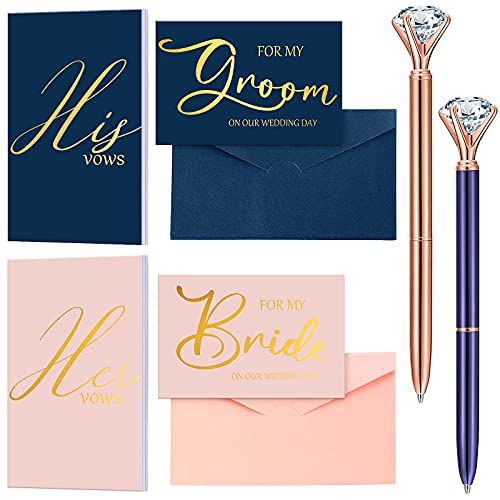 Eaasty Wedding Vows Book Set, Including 2 Gold Foil Groom and Bridal Vows Book Elegant Wedding Vows Notebook with 2 Foldable Vows Card and Envelope and 2 Crystal Diamond Ballpoint Pen, Wedding Present