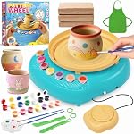 Pottery Wheel for Kids, Air Dry Clay Kit & Arts and Crafts Set, Ages 6-12 | No kiln needed: shape on the mini electric wheel, air-dry & paint. Gentle beginner speed; 3 clay packs, 12 paints & apron