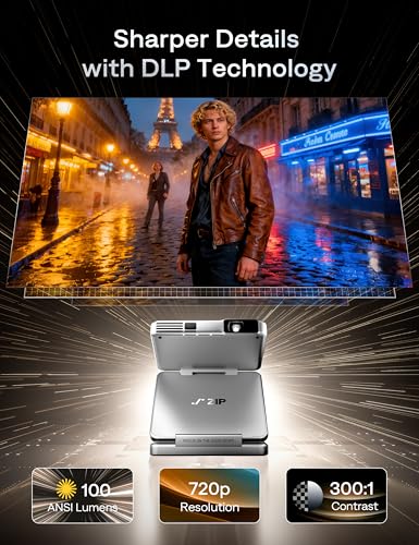 Image of Aurzen ZIP Tri-Fold DLP Portable Mini Projector with Bluetooth 5.4, Screen Mirroring, 5000mAh Battery, Type-C Fast Charging, Zero-Lag Focus&Keystone,720P Pico Projector,Built-in Stand, 20 inch-125 inch,White