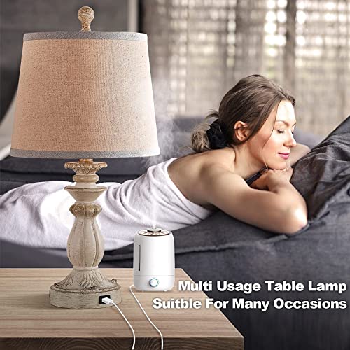 Topotdor Farmhouse Table Lamp Set Of 2 With Usb Charging Port,22" Traditional Rustic Bedside Lamp With Tapered Drum Shade For Bedroom Living Room Office (White Washed) #TOP5