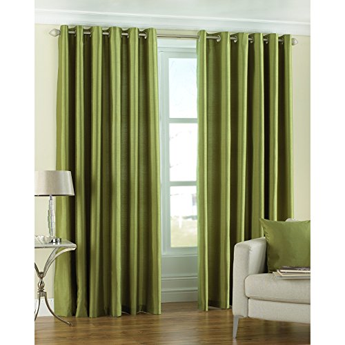 Riva Paoletti Fiji Ringtop Eyelet Curtains (Pair) - Green - Faux Silk - Ready Made - Semi Sheer - 100% Polyester - 168cm width x 137cm drop (66" x 54" inches) - Designed in the UK