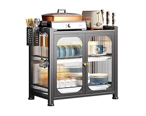 AZOD Free Standing Microwave Oven Stand, Dish Storage Rack with 4 Hooks ...