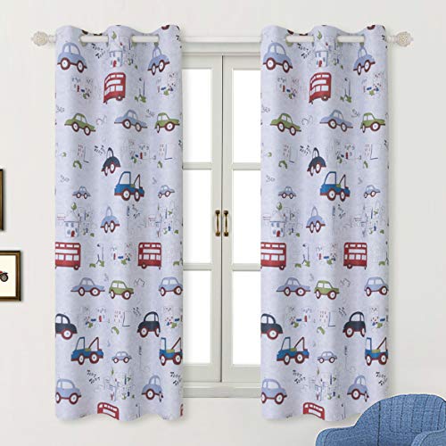 BGment Kids Blackout Curtains - Grommet Thermal Insulated Room Darkening Printed Car Bus Patterns Nursery and Kids Bedroom Curtains, Set of 2 Curtain Panels (42 x 63 Inch, Greyish White)