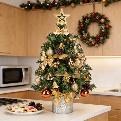 Aigostar Albero di Natale Piccolo 60 cm, Christmas Tree con 48 Decorazioni Appese, Ideale per Decorazioni Natalizie da Interno