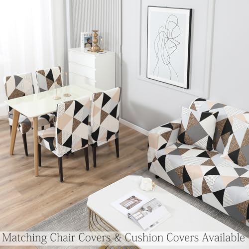 Image of HOKIPO Elastic Stretchable Single Seater Sofa Cover, Grey Brown Geometric (AR-4093-D9)