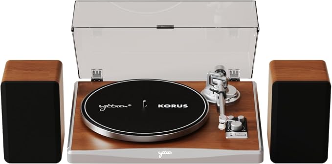 KORUS Vinyl Record Player Bluetooth Turntable,External Speakers | Adjustable Counterweight,Vintage Phonograph Style,Design Award,Home Decor,AT3600L Stylus,Three-point suspension system