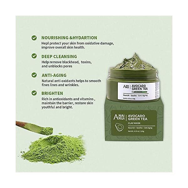 ANAIRUI-Avocado-Green-Tea-Mud-Mask-Superfood-Clay-Mask-Hydrating-Moisturizing-Deep-Pore-Cleansing-Blackhead-Remover-Acne-Detox-Spa-Facial-Mask-120g-423-oz ANAI RUI Green Tea Face Mask with Avocado, Clay Facial Mask for Acne, Detox, Face Cleansing Mask, Hydrating, Nourishing, Soothing, 120g/4.23 oz