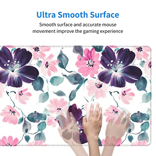 Image of XL Mouse Pad, Cute Flower Large Mouse Pad Gaming, Long Stitched Non-Slip Base Floral Computer Keyboard mat for Women and Girl School Office Decor, (Purple Pink Watercolor, 31.5 * 11.8 in)