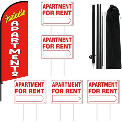 Remagr 6 Pack Feather Flag Pole Kit, 5 Rent Signs, 1 7ft Apartment
