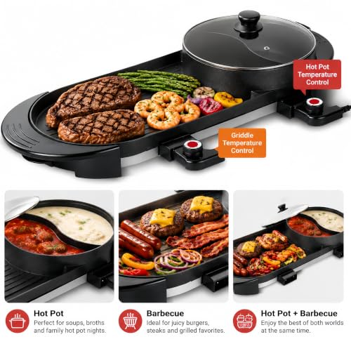 Image of SEAAN Hot Pot with Grill, Korean BBQ Grill Indoor Hotpot Pot Electric Combo, Shabu Shabu Pot with Divider KBBQ Grill Smokeless Non-stick Separate Dual Temperature Control, for 2-12 People, 110V